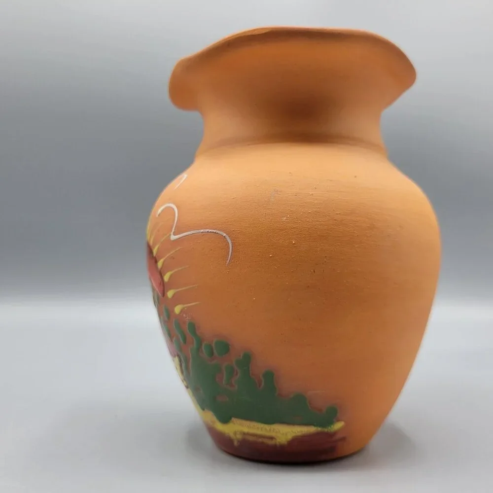 Vintage Hand Painted Terracotta Vase Scenic Design Flared Rim Signed Punta Cana - Picture 8 of 13
